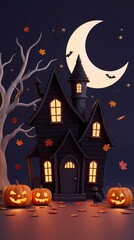 Fototapeta premium Halloween-themed illustration of a spooky house with glowing windows, pumpkins, bats, and a crescent moon against a dark background