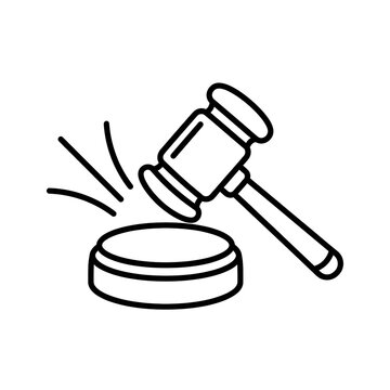Judge gavel striking sound block line vector icon illustration on white background.