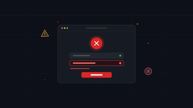 Cybersecurity login error animation, red failed access window with warning icons, digital system security breach interface