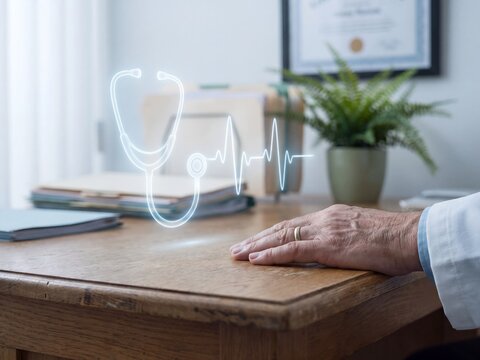 Healthcare digital monitoring clinic concept, hand resting on desk with glowing stethoscope and ECG heartbeat hologram in medical office with certificate and patient files, cardiology and wellness