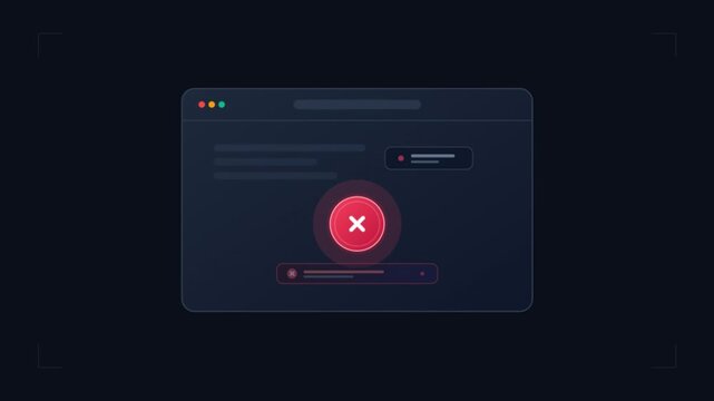 Digital error message on dark browser interface, red cancel icon on web page window, system failure notification animation