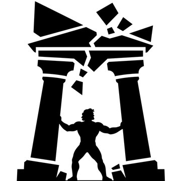 Samson Pushing Pillars Temple Collapse Old Testament Strength Black Silhouette