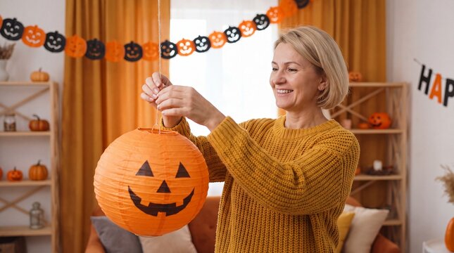 Woman decorates home with orange Halloween lantern, smiling while hanging it in a festive living room adorned with pumpkins and decorations