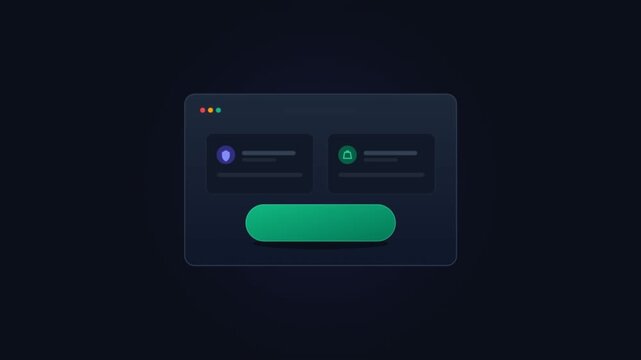 Futuristic dark mode UI dashboard animation, sleek glassmorphism web interface with green button, modern software application screen
