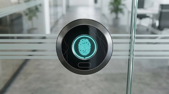 Biometric fingerprint scanner mounted on glass office door