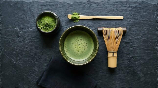 Top view of traditional matcha green tea set on black stone