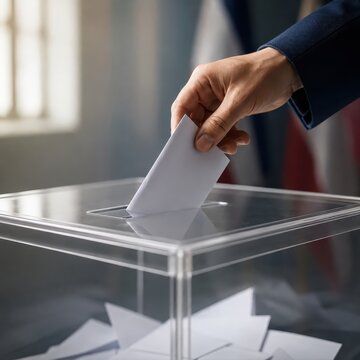 Voting for election in a transparent ballot box, with flag in background