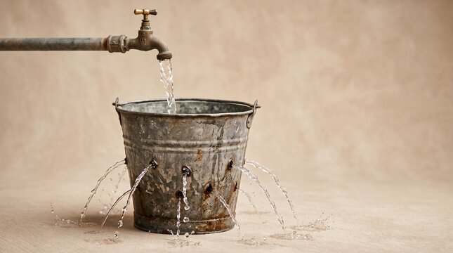 Water poured into rusty bucket leaking from many holes