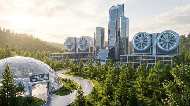 Futuristic direct air capture facility in a lush forest