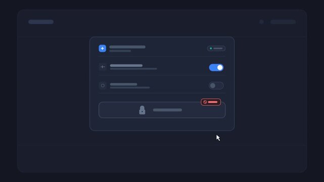 Modern dark mode UI animation, digital dashboard interface with toggle switches, sleek software application user experience design