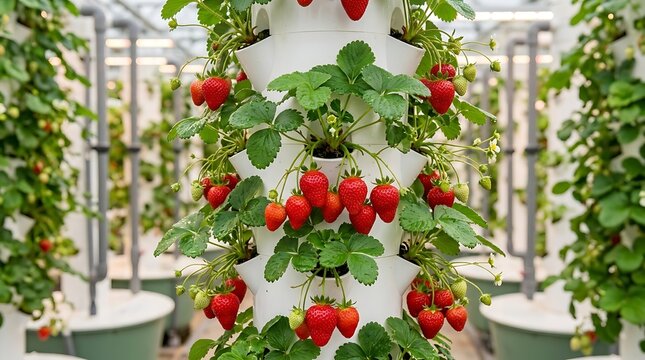 Red strawberries growing in vertical hydroponic systems in greenhouse