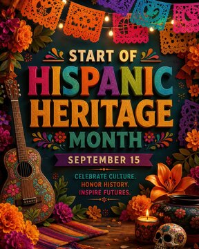 Colorful illustration celebrating Hispanic Heritage Month with vibrant decorations, guitar, and cultural elements