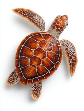 Top View Of A Small Loggerhead Sea Turtle Hatchling With A Patterned Brown Shell Isolated On White