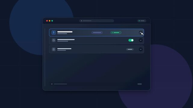 Modern dark mode software interface, sleek dashboard UI animation, digital application control panel with toggle switches