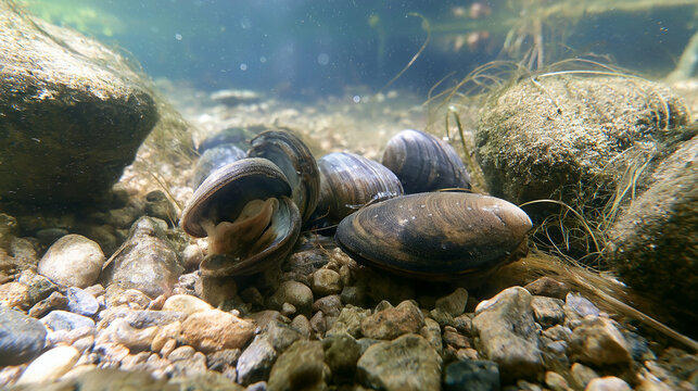 Clams on riverbed with rocks and plants