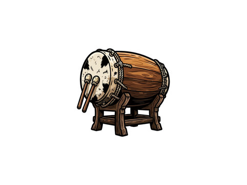 Traditional Wooden Bedug Drum With Mallets Centered On White Background 