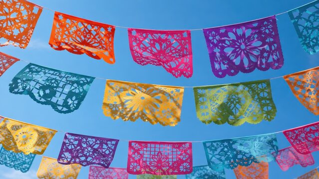 Colorful papel picado banners fluttering in the clear blue sky, celebrating a festive occasion