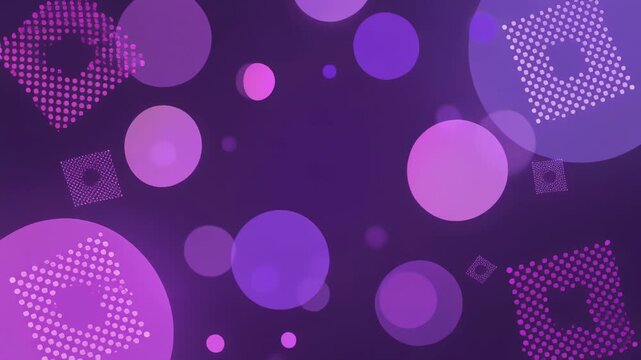 Abstract purple and pink bokeh circles and squares gently floating in dark space for motion graphics backgrounds