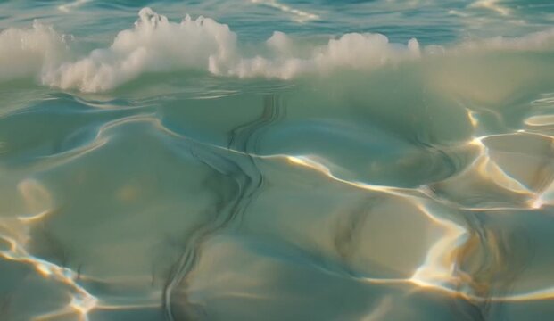 Abstract cream-colored surface illuminated by realistic moving underwater caustic patterns, subtle turquoise shadows, tranquil premium atmosphere, extremely clean composition, perfect background for p