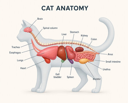AI generated cat anatomy showing brain spine lungs heart liver stomach kidneys intestines bladder digestive organs for veterinary biology education scientific study