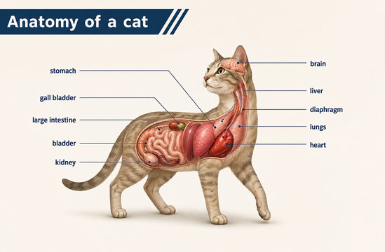 AI generated cat anatomy diagram showing brain lungs heart liver stomach kidney intestines bladder diaphragm for biology veterinary education scientific study