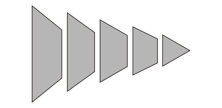A sequence of gray geometric shapes, decreasing in size and width, moving from left to right, resembling a play button or a directional arrow