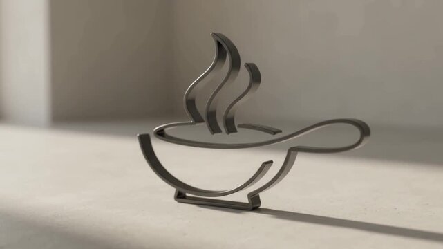 A minimalist 3D metallic outline logo of a steaming bowl with a spoon, casting a shadow on a light surface.