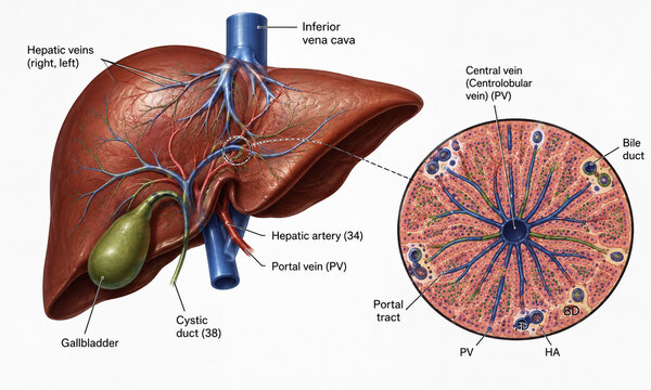 AI generated liver anatomy showing hepatic veins portal vein hepatic artery gallbladder bile ducts detailed liver lobule for medical biology education scientific study
