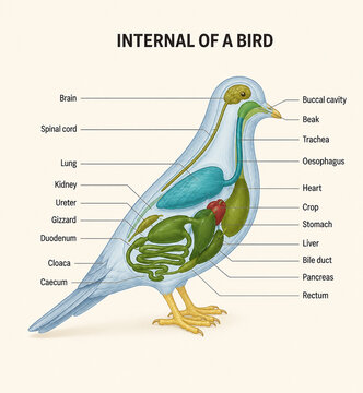 AI generated bird anatomy showing brain lungs heart crop stomach liver kidney gizzard intestine cloaca digestive organs for biology education scientific study