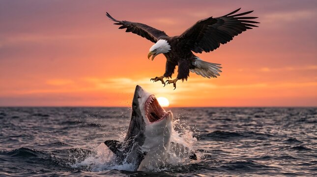 Bald eagle diving to attack shark leaping from ocean at sunset