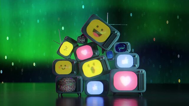 Vintage CRT TV sets stacked together, glowing with generic custom-designed social media emojis, hearts, thumbs up likes, and static noise. 3D Render Loop Animation