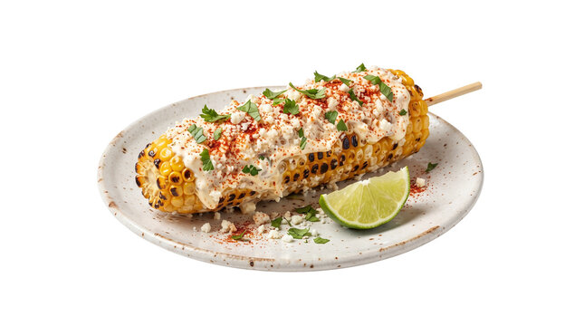 Mexican street corn elote with cotija cheese and lime, grilled corn on the cob with chili powder, traditional elotes on a plate isolated PNG with Transparent Background