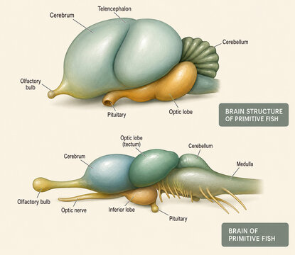 AI generated primitive fish brain anatomy showing cerebrum cerebellum optic lobe olfactory bulb pituitary medulla neural structures for biology education scientific study