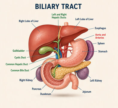 AI generated biliary tract anatomy showing liver gallbladder hepatic ducts bile duct stomach pancreas spleen kidneys duodenum for medical biology education scientific study