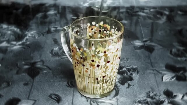 Water is poured into empty multicolored glass cup that stands on table in kitchen