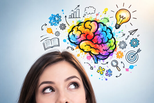 AI generated woman thinking colorful brain light bulb gears creative symbols representing brainstorming imagination innovation learning strategy problem solving