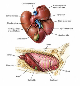 AI generated cat liver anatomy diagram showing hepatic lobes gallbladder portal vein lungs heart kidney diaphragm ribs related organs for veterinary biology education