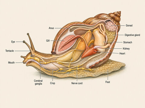 AI generated snail anatomy showing shell gill heart kidney stomach digestive gland gonad nerve cord crop foot tentacles cerebral ganglia for biology education scientific study