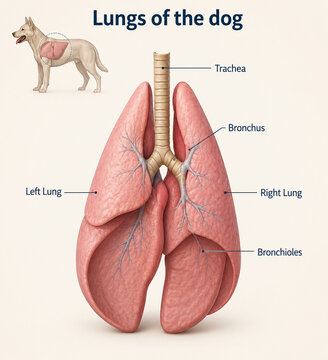 AI generated dog lung anatomy showing trachea bronchi bronchioles left right lungs for veterinary respiratory biology education scientific study