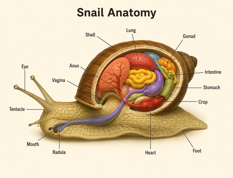 AI generated snail anatomy showing shell lung gonad intestine stomach crop heart foot tentacles mouth radula internal organs for biology education scientific study