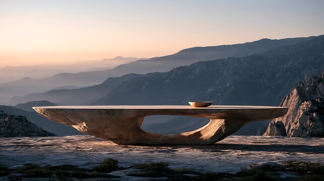 Carved stone coffee table on mountain peak landscape