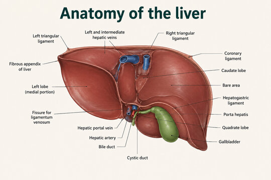 AI generated liver anatomy showing hepatic lobes gallbladder portal vein hepatic artery bile duct vena cava ligaments for medical biology education scientific study