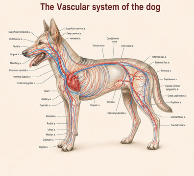 AI generated dog vascular anatomy diagram showing heart arteries veins aorta vessels circulation throughout the canine body for veterinary biology education scientific study
