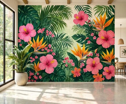 Modern interior room with a decorative tropical flower wall mural featuring pink hibiscus and orange birds of paradise
