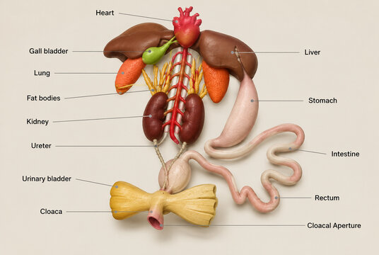 AI generated animal internal anatomy showing heart liver lungs kidneys stomach intestine bladder cloaca digestive organs for biology education scientific study