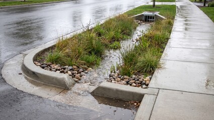 Bioswale filtering runoff along an empty urban street © Waseem