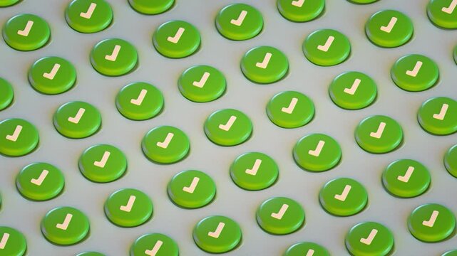 Green Check Mark Buttons are appearing. Concept representing task completion, workflow progress, and successful execution. 3D Render Animation