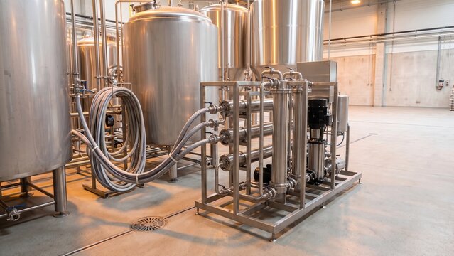 Brewery process water recovery skid in a utility hall