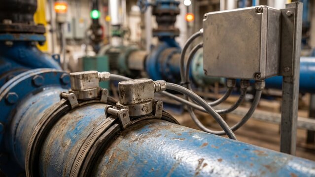 Ultrasonic flow meter mounted on a large water main