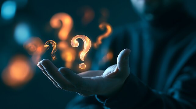 Glowing question marks hovering over human hand